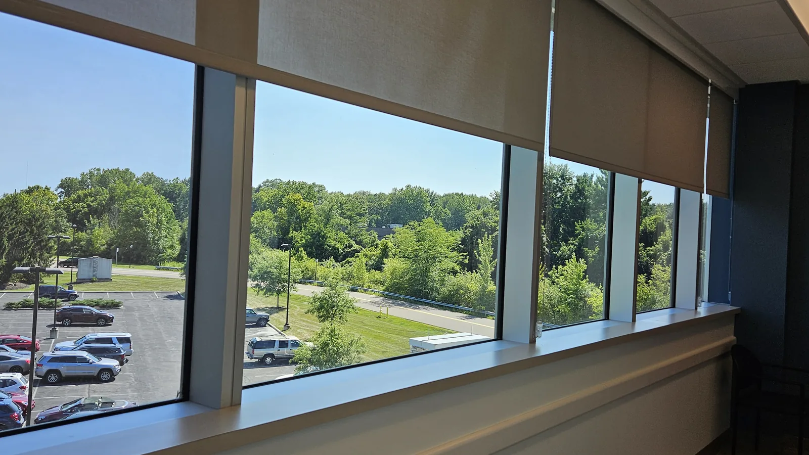 The window wall at our Akron office, looking out over trees and the parking lot